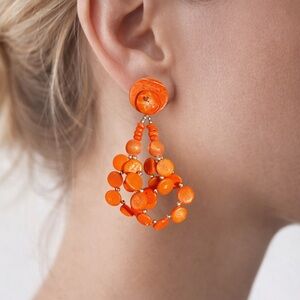Vintage Orange Wooden Beaded Chandelier Earrings